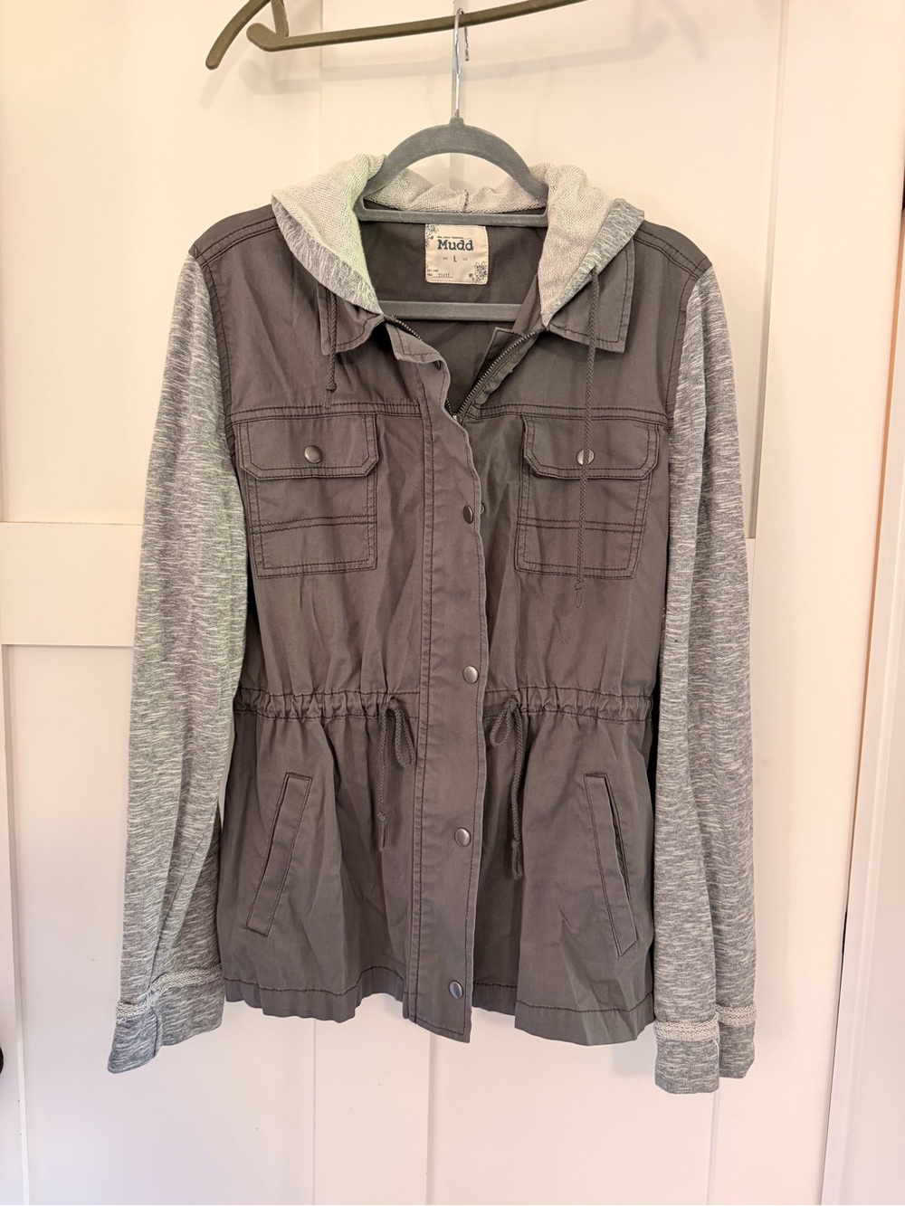 Mudd Gray Utility Jacket with Heather Gray Knit Sleeves and Hood